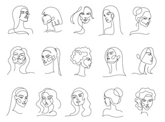 One line female portraits. Minimalist elegant and glamorous women with beautiful hair and makeup vector set