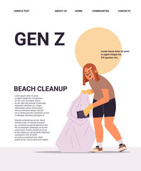 girl collecting trash into bag beach cleanup generation Z lifestyle concept new demography trend with progressive youth gen