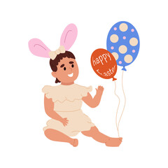 Cute baby wearing bunny ears for holiday Easter party. Happy smiling kid girl playing with colored eggs balloons. Toddler character in rabbit costume. Flat vector illustration on white background