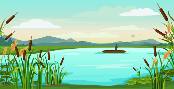 Cartoon lake landscape. Fisherman fishing in boat on pond with reeds, catching fish. Nature vector background illustration