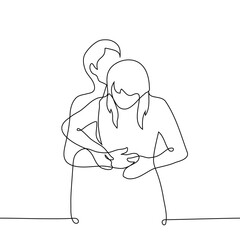 man hugs a woman from behind kissing her on the head, a woman takes his hands away - one line drawing vector. concept heterosexual couple hugging, sexual harassment, tactile and non-tactile person