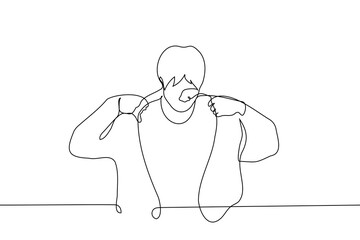man pulls on or takes off his jacket with both hands - one line drawing vector. concept dress or undress, try on clothes