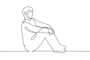 man sits full length on the floor with legs together and back straight - one line drawing vector. concept correct posture, straight back