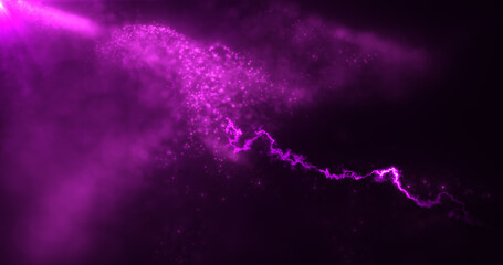 Abstract background of purple energy particles of energy magic waves flying from the wind with the effect of glow and blur bokeh