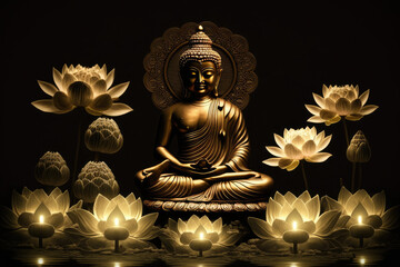 Lotus flowers and buddha statue, generative AI