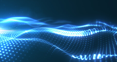 Abstract blue glowing waves from particles and dots energy magical futuristic hi-tech, abstract background