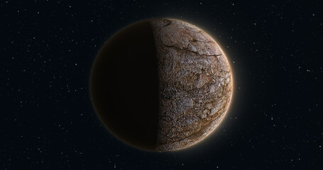 Abstract space spinning brown planet luminous sphere round with a textured relief stone surface in space against the background of stars