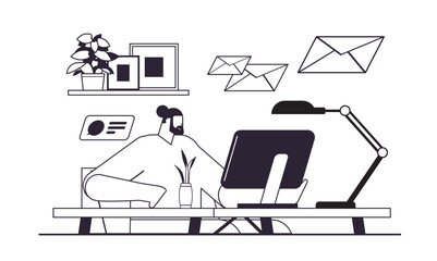 businessman freelancer sitting at workplace business man looking in computer monitor working process concept