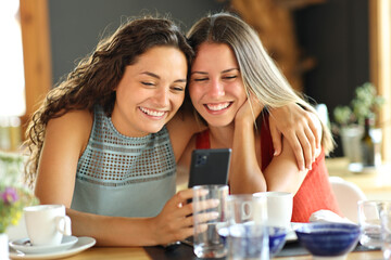 Two happy friends checking cell phone content in a restaurant