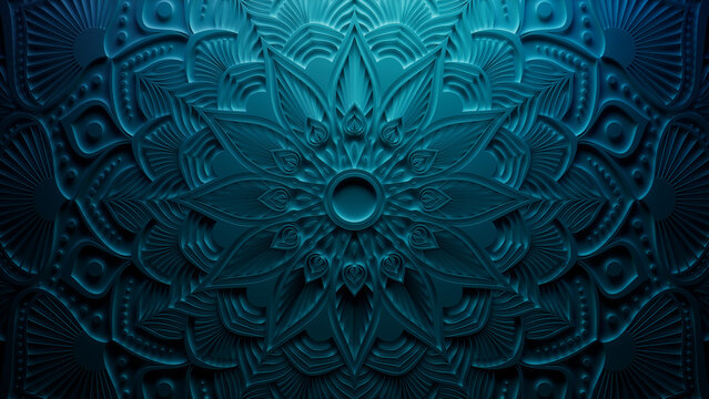 Blue Surface with Extruded Ornamental Flower. Three-dimensional Diwali Festival Wallpaper.