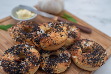 Homemade new york bagels on rustic background