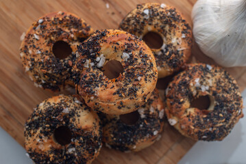 Homemade new york bagels on rustic background