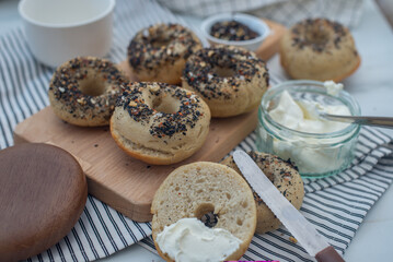 Homemade new york bagels on rustic background