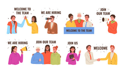Join our team banners. Welcome to team, we are hiring and join us. Headhunting and human resource research vector illustrations set