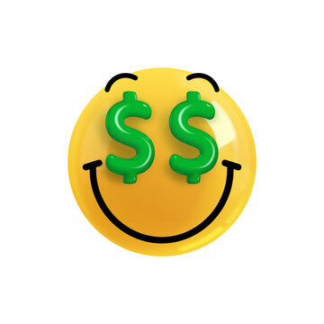 Emoji face happy from money. Realistic 3d Icon. Render of yellow glossy color emoji in plastic cartoon style isolated on white background. Png. Illustration