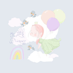 Little Cute Princess flying in the Sky with Balloons. Pastel Colors