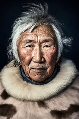Portrait of an older inuit with white hair, tanned face and a fur jacket, made with generative ai - obrazy, fototapety, plakaty