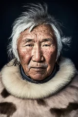 Fotobehang Portrait of an older inuit with white hair, tanned face and a fur jacket, made with generative ai © Frank