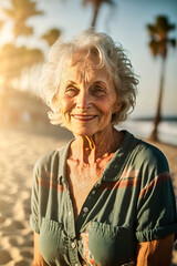 Old American lady with wrinkled skin and gray hair on a sunny beach with blurred palm trees in the background, made with generative ai