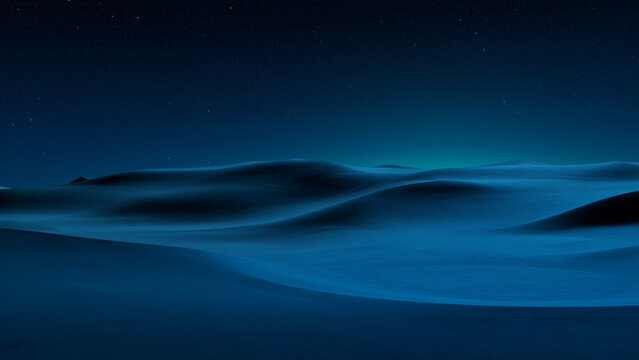 Rolling Sand Dunes form a Beautiful Desert Landscape. Night Background with Blue Gradient Starry Sky.