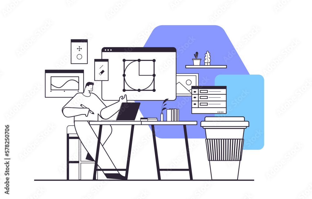 Poster designer drawing with pen in graphic editor man creating website user interface working on design of