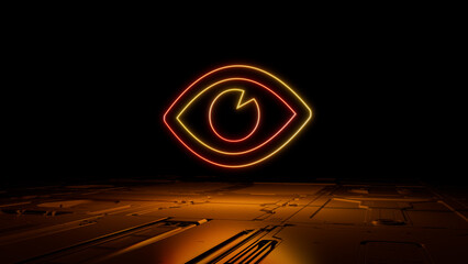 Orange and Yellow neon light eye icon. Vibrant colored Vision technology symbol, on a black background with high tech floor. 3D Render