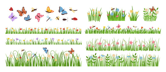 Early spring garden flowers. Forest and garden blooming plants with insects and green grass cartoon vector set - obrazy, fototapety, plakaty