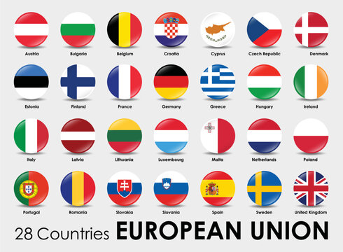 Vector illustration of round shape flags of the 28 countries European Union.
