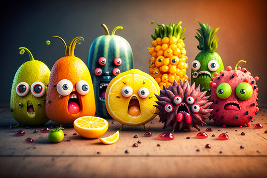 Groupe de personnages en fruits amusants - Fruits color&eacute;s rigolos - G&eacute;n&eacute;rative IA