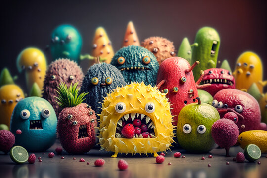 Groupe de personnages en fruits amusants - Fruits color&eacute;s rigolos - G&eacute;n&eacute;rative IA