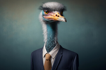 Portrait of a ostrich dressed in a formal business suit, character, generative ai