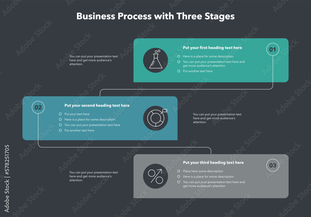 Poster Simple vertical business process template - dark version. Concept of three stages with minimalistic icons.