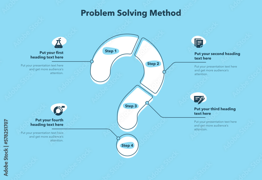 Aufkleber Problem solving method template with four steps and question mark as a main symbol - blue version. Slide for business presentation.