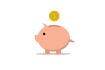 Piggy bank with falling gold coins on white background.