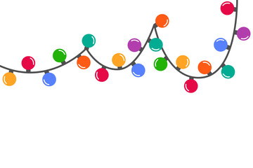 Colorful christmas garland vector isolated. Illustration of bright lights, cute decoration element. Shining colorful lamps, empty space for message, web banner template.
