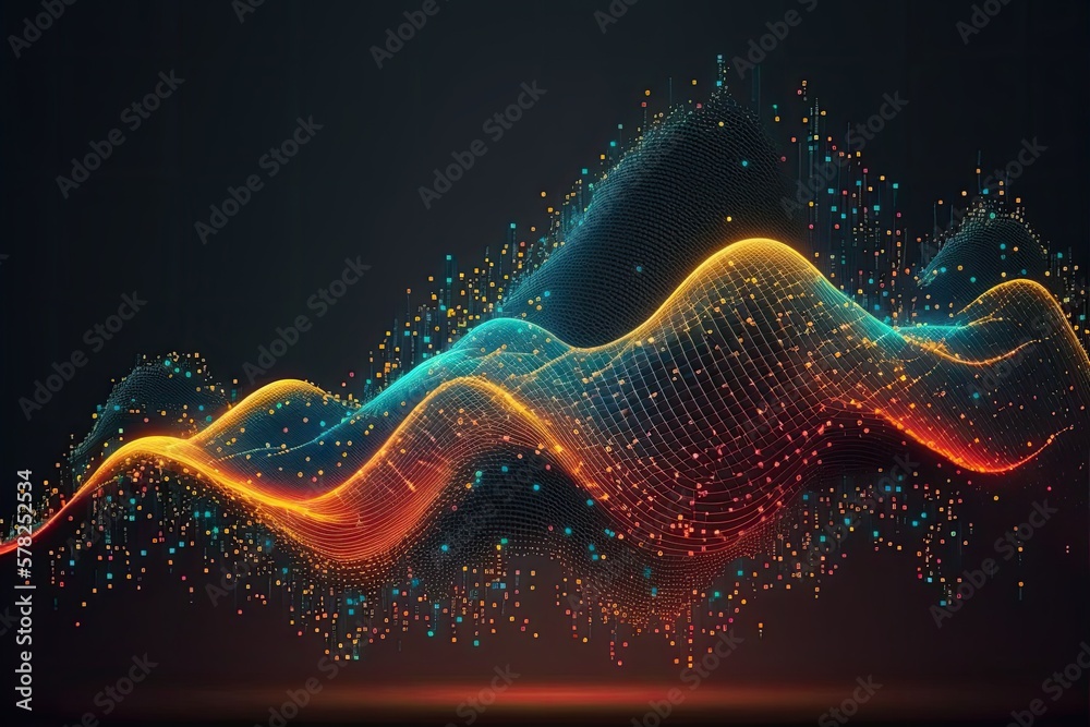 Poster futuristic big data visualization wave connecting neural network and moving on earth.generative ai