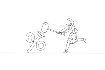Cartoon of businesswoman using hammer smash the percentage sign to the floor. Concept of interest rate. Single line art style
