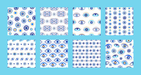 Evil eye pattern. Magic amulet, mystic malevolent glare and spiritual eyes seamless vector background illustration set