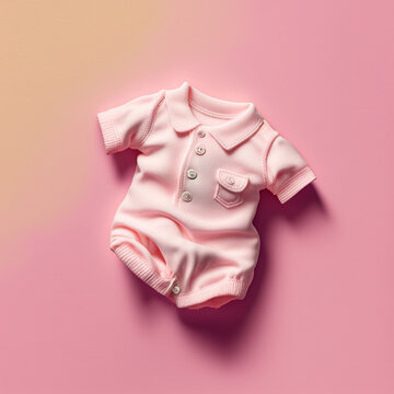 Baby clothes on a pink background. Generative AI.