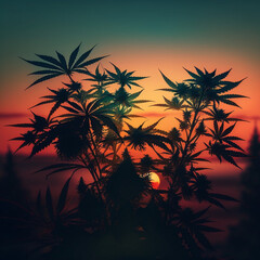 Obraz na płótnie Canvas Marijuana plants at sunset. Generative AI.