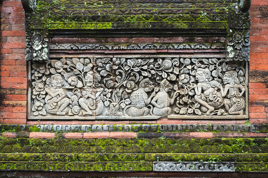 Decorative Relief Sculpture Motif at a Local Temple in Bali, Indonesia