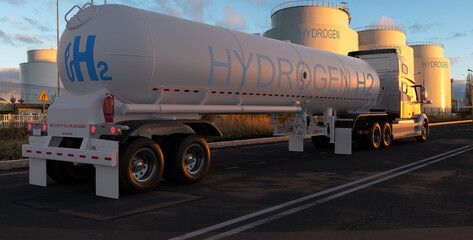 Car with tanker on the road next to Liquid hydrogen tanks-vision of the future.3d illustration