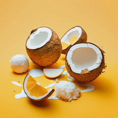 Coconuts on a yellow background. Generative AI.