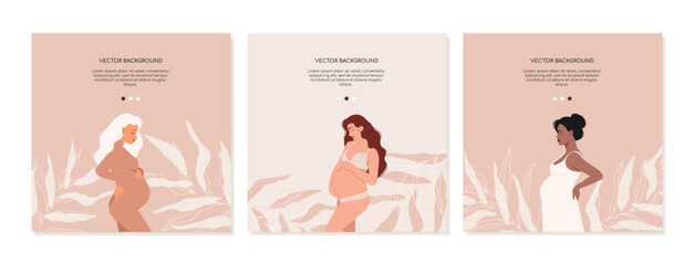 A set of square social media covers with a pregnant woman in nude colors. Concept of pregnancy and motherhood. Vector
