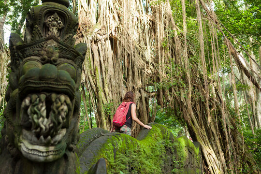 Caucasian tourist girl in the monkey forest of Ubud Bali