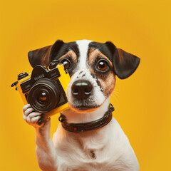 Dog with a camera on a yellow background. Generative AI.