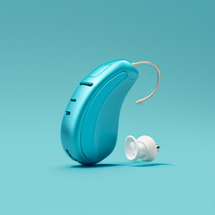 Hearing aid on a blue background. Generative AI.