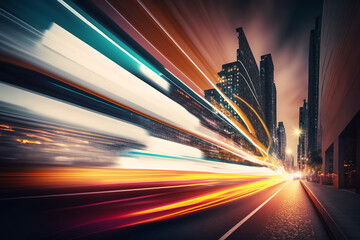 speed in a modern city, realistic photo, light trails