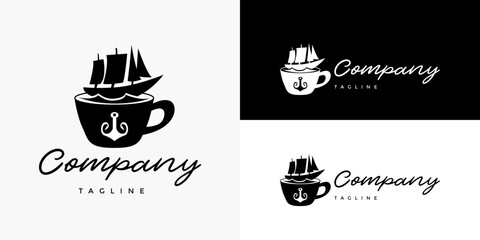 Boat Ship Sail Sailing on Cup of Coffee Cafe Shop Logo Design Vector Template for Brand Business Company