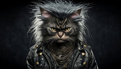 Punk animals. Cat with punk aesthetic. Cat dressed as punk. Cat with punk accessories. Generated by AI.
